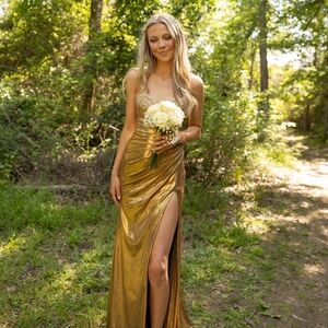 Jeweled Metallic Gold Evening Prom Dress